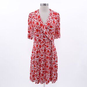 Boden Faux Wrap Dress Womens 10R Coral Red White Floral Jersey Stretch V-Neck